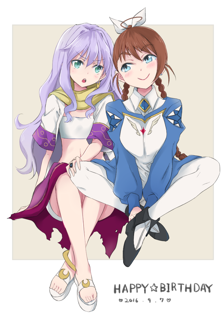 ahoge, arika_yumemiya, blue_eyes, blush, braid, brown_hair, dated, earringss, happy_birthday, jewelry, long_hair, maromi_(am97), mashiro_blan_de_windbloom, midriff, my-otome, ring, sandals, scarf, school_uniform, smile, twin_braids, twintails
