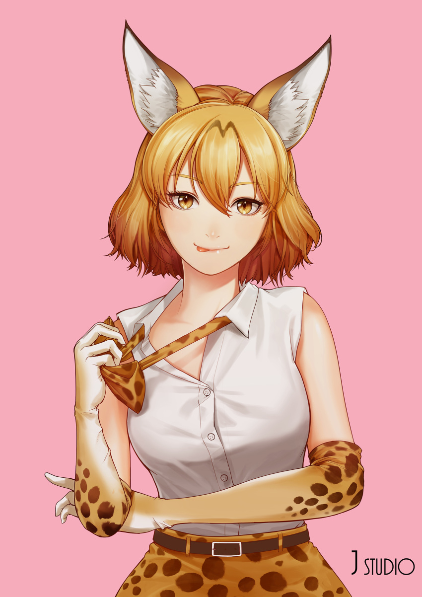 1girl, :q, animal_ears, bare_shoulders, blonde_hair, bow, bowtie, elbow_gloves, gloves, highres, joe_(j_studio), kemono_friends, licking_lips, looking_at_viewer, open_mouth, pink_background, serval_(kemono_friends), serval_ears, serval_print, shirt, short_hair, simple_background, skirt, sleeveless, solo, tongue, tongue_out, undressing, upper_body