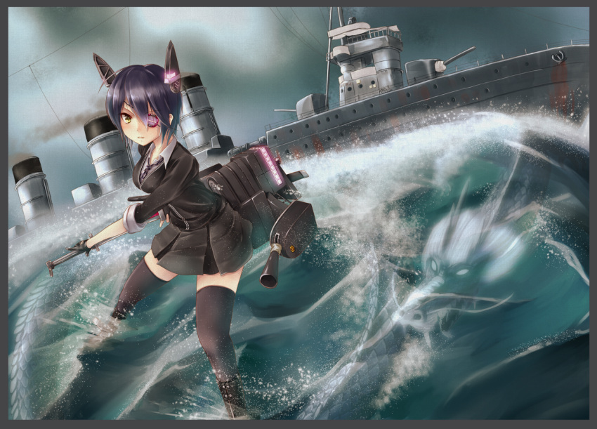 1girl, black_legwear, eyepatch, fingerless_gloves, gamyuu_(gamyu), gloves, headgear, imperial_japanese_navy, kantai_collection, military, military_vehicle, namesake, necktie, purple_hair, school_uniform, ship, short_hair, skirt, smokestack, sword, tenryuu_(kantai_collection), tenryuu_(light_cruiser), thigh-highs, turret, warship, watercraft, waves, weapon, yellow_eyes