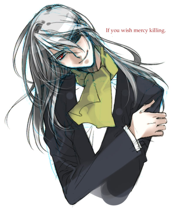 1boy, black_jack_(series), closed_mouth, english, formal, grey_hair, kiriko_(black_jack), long_hair