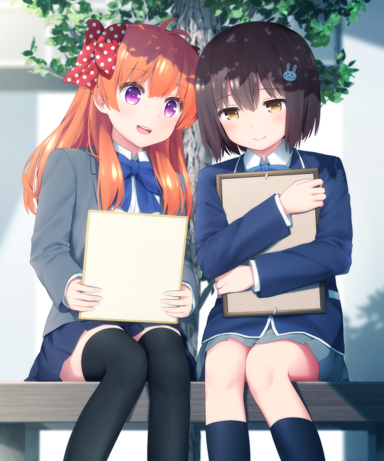 2girls, :d, black_legwear, blazer, blush, bob_cut, bow, brown_eyes, brown_hair, bunny_hair_ornament, commentary_request, crossover, gekkan_shoujo_nozaki-kun, hair_bow, hair_ornament, haribote_(tarao), holding, jacket, kneehighs, knees_together_feet_apart, kono_bijutsubu_niwa_mondai_ga_aru!, long_hair, long_sleeves, multiple_girls, navy_blue_legwear, open_mouth, orange_hair, ozawa_ari, pleated_skirt, polka_dot, polka_dot_bow, revision, sakura_chiyo, school_uniform, seiyuu_connection, short_hair, sitting, skirt, smile, thigh-highs, trait_connection, usami_mizuki, violet_eyes, zettai_ryouiki