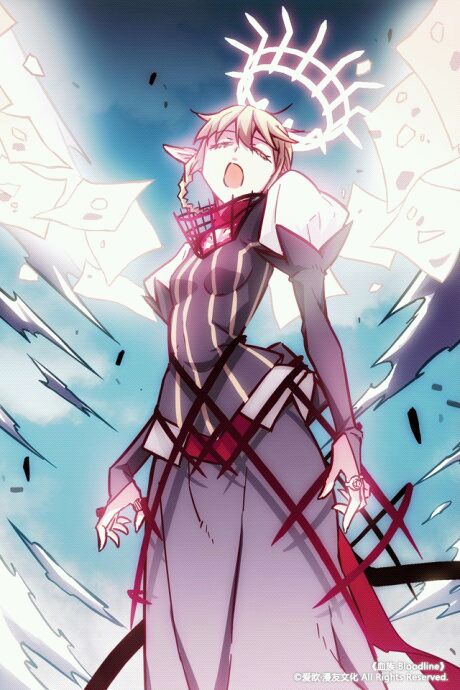 1girl, blonde_hair, bloodline, copyright_name, elf, halo, jewelry, open_mouth