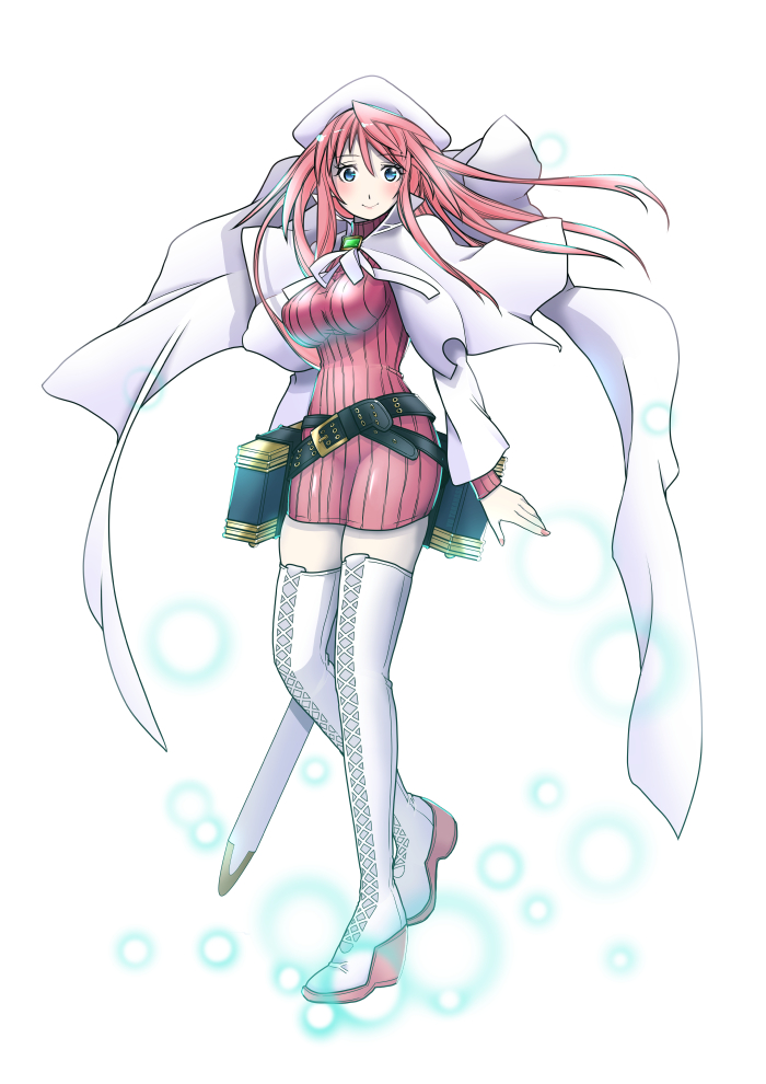 1girl, aty_(summon_night), belt, beret, birdsong, blue_eyes, blush, boots, breasts, cape, dress, hat, large_breasts, long_hair, long_sleeves, looking_at_viewer, redhead, smile, solo, summon_night, summon_night_3, thigh-highs, thigh_boots, white_legwear