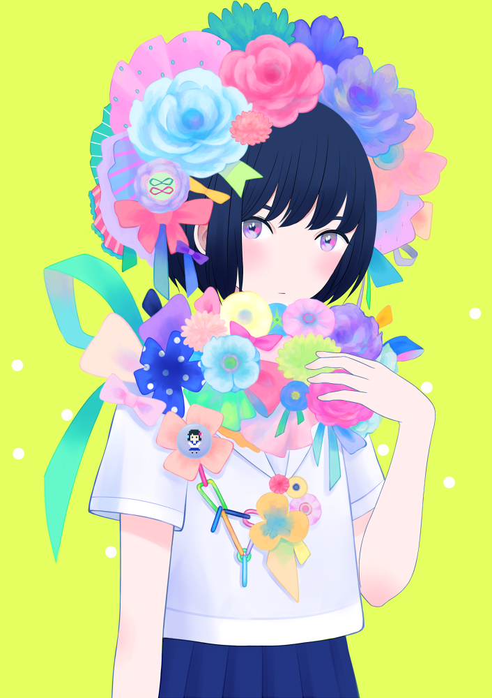 1girl, blue_hair, blush, flower, hair_flower, hair_ornament, original, ribata