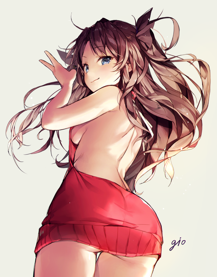 1girl, artist_name, ass, backless_outfit, bangs, bare_back, bare_shoulders, breasts