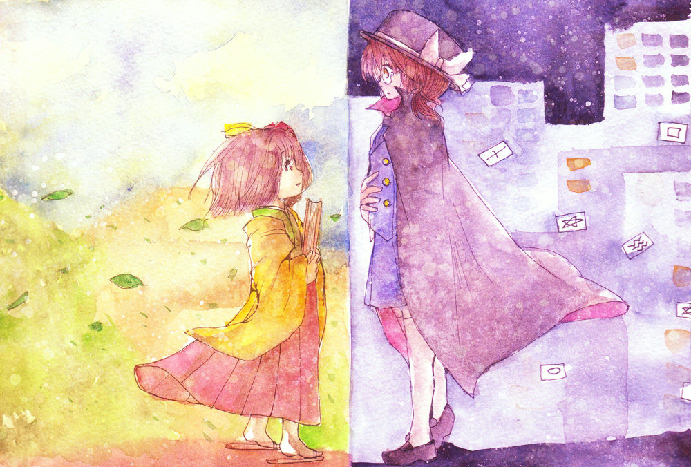2girls, book, brown_eyes, brown_hair, cape, cityscape, glasses, hair_ornament, hat, height_difference, hieda_no_akyuu, japanese_clothes, kimono, leaf, looking_at_another, multiple_girls, purple_hair, school_uniform, shiz_(#0077), short_hair, skirt, touhou, traditional_media, twintails, usami_sumireko, violet_eyes, watercolor_(medium), zener_card