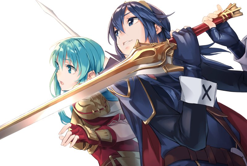 2girls, aqua_eyes, aqua_hair, blue_eyes, blue_hair, cape, eirika, fingerless_gloves