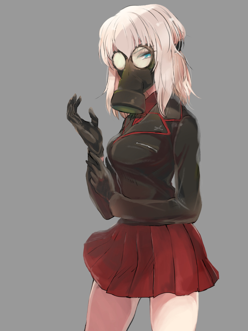 1girl, black_gloves, black_jacket, blue_eyes, cowboy_shot, dress_shirt, emilio_(tetsukazu_no_ao), gas_mask