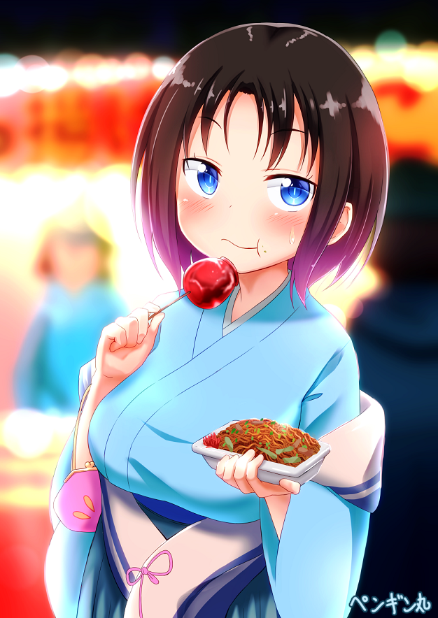 1girl, bangs, black_hair, blue_eyes, blush, breasts, dragon_girl, eating
