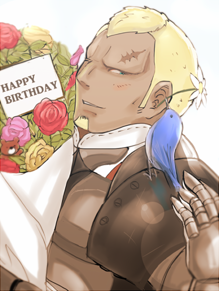 armor, beard, benoit_(fire_emblem_if), bird, blonde_hair, blue_eyes, bouquet, dark_skin