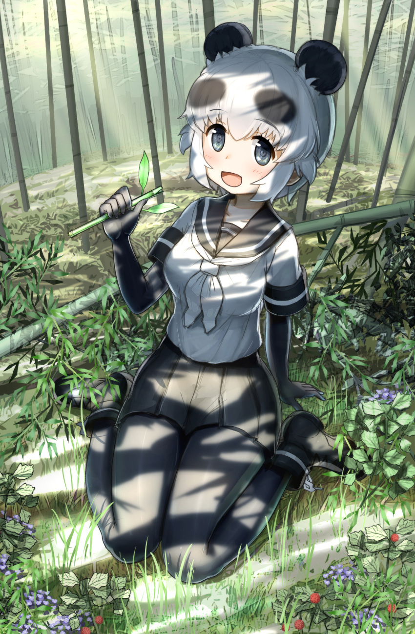 1girl, animal_ears, arm_support, ayatarosu, bamboo, bamboo_forest, bangs, black_eyes