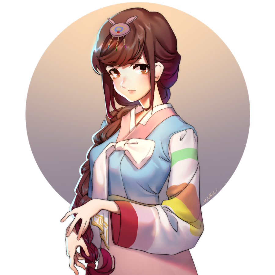 1girl, alternate_costume, alternate_hairstyle, artist_name, bangs, bow, braid, brown_hair