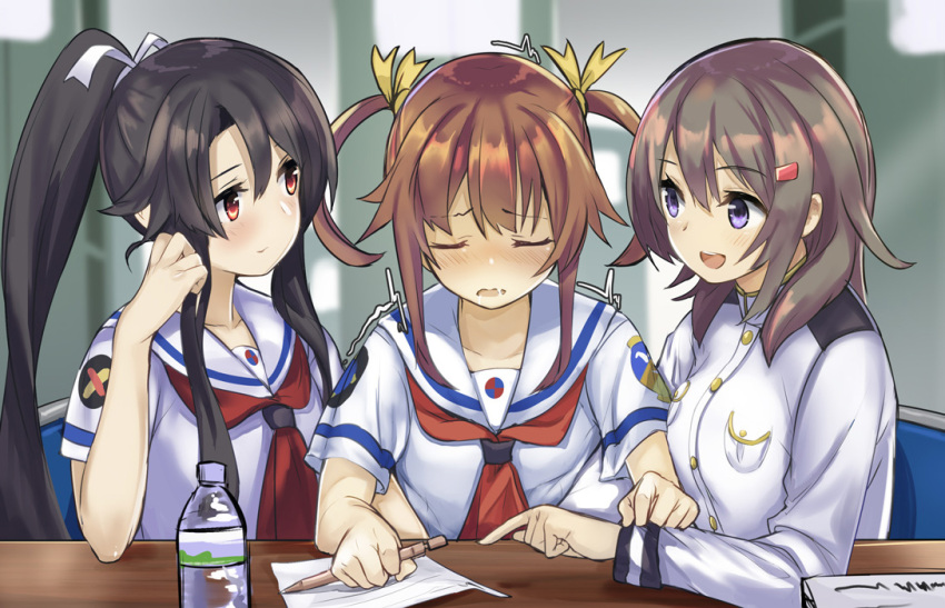 3girls, badge, black_eyes, bottle, brown_hair, china_moeka, high_school_fleet, long_hair