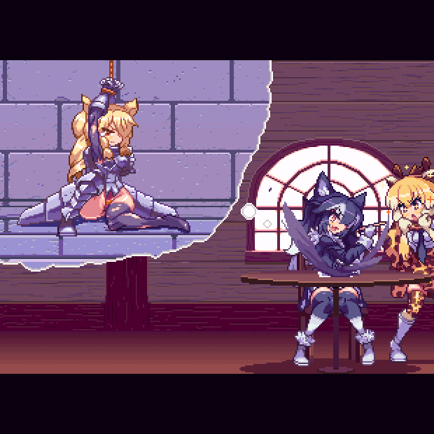 +_+, 3girls, animal_ears, animated, animated_gif, armor, arms_up, black_hair