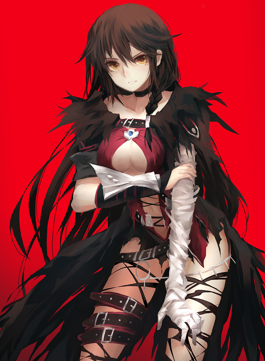 1girl, asymmetrical_clothes, bandage, belt, black_choker, black_hair, braid, breasts