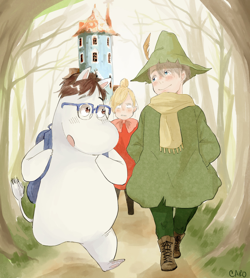 2boys, alternate_hair_color, azebra-was-here, backpack, bag, blonde_hair, blue-framed_eyewear, blue_eyes, boots, brown_eyes, brown_hair, castle, cosplay, cross-laced_footwear, forest, glasses, hair_bun, hands_in_pockets, hat, highres, katsuki_yuuri, lace-up_boots, little_my, little_my_(cosplay), male_focus, moomin, moomintroll, multiple_boys, nature, scarf, silver_hair, snufkin, snufkin_(cosplay), tree, viktor_nikiforov, walking, yuri!!!_on_ice, yuri_plisetsky
