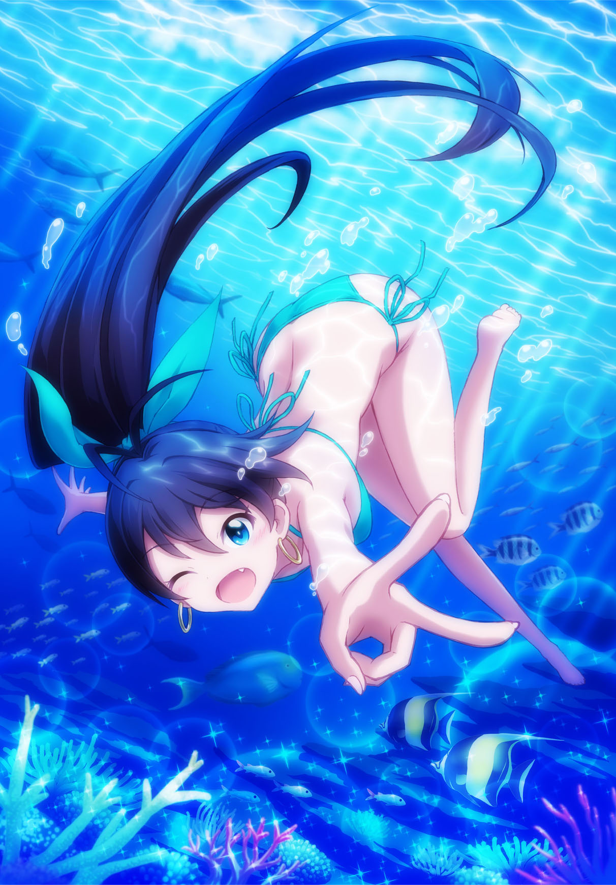 1girl, air_bubble, animal, antenna_hair, barefoot, bikini, black_hair, blue_eyes