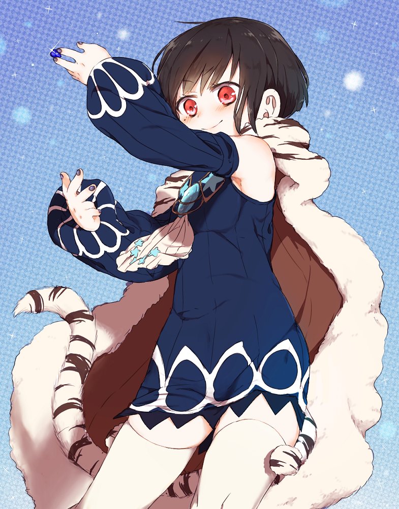 1girl, black_hair, cape, detached_sleeves, gem, harumi_namau, lapis_lazuline, mahou_shoujo_ikusei_keikaku, mahou_shoujo_ikusei_keikaku_restart, nail_polish, red_eyes, short_hair, smile, solo, tail, thigh-highs, tiger_tail, zettai_ryouiki