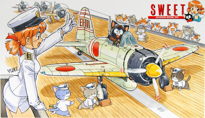 a6m_zero, aircraft, airplane, box_art, cat, eyebrows_visible_through_hair, fujita_yukihisa, gloves
