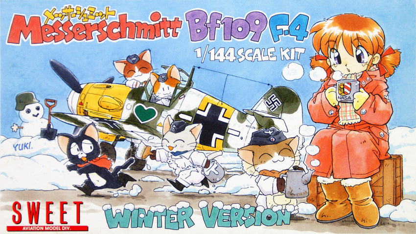 1girl, aircraft, airplane, blue_eyes, boots, box_art, bucket, cat