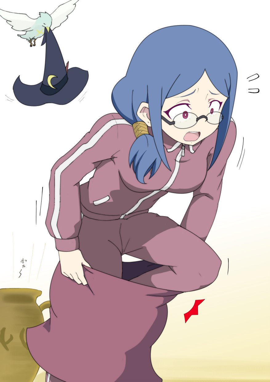 1girl, bird, blue_hair, dressing, glasses, gobanme_no_mayoi_neko, hat, highres