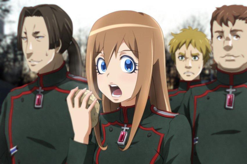 1girl, 3boys, black_hair, blonde_hair, blue_eyes, blurry, brown_hair, depth_of_field