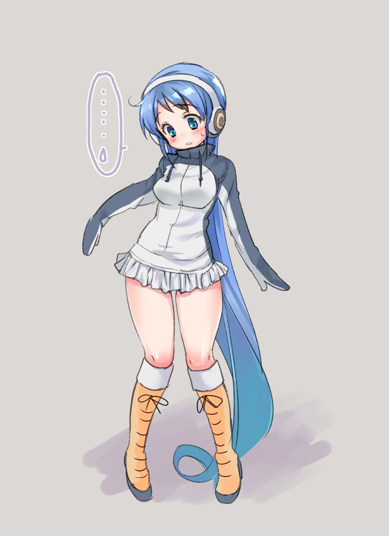 ..., 1girl, absurdly_long_hair, blue_hair, blush, boots, commentary_request, cosplay