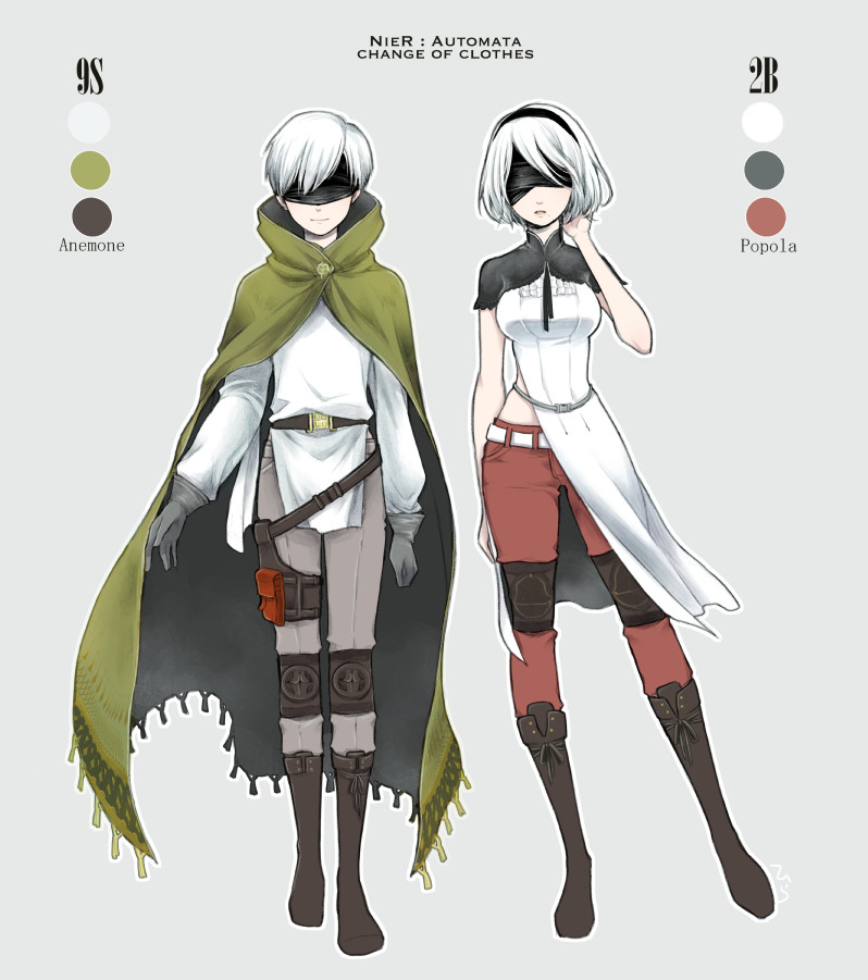 1boy, 1girl, android, anemone_(nier_automata), anemone_(nier_automata)_cosplay, belt, blindfold, boots, breasts, character_name, cloak, color_palette, cosplay, english, gloves, grey_background, knee_boots, knee_pads, midriff, mole, mole_under_mouth, nier_(series), nier_automata, pale_skin, pants, popola, popola_(cosplay), short_hair, smile, standing, text, thigh_strap, white_hair, yorha_no._2_type_b, yorha_no._9_type_s