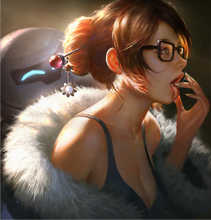 1girl, bare_shoulders, beads, black-framed_eyewear, breasts, brown_eyes, brown_hair, cleavage