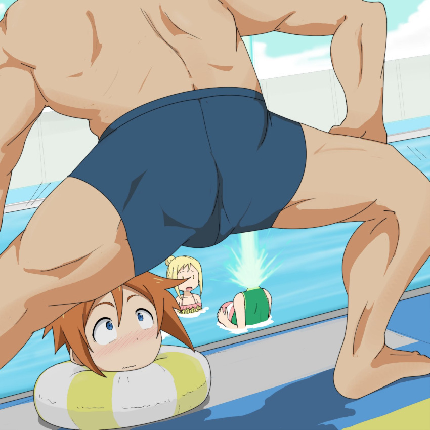 1boy, 2girls, ball, beachball, blonde_hair, blue_eyes, blush, bulge