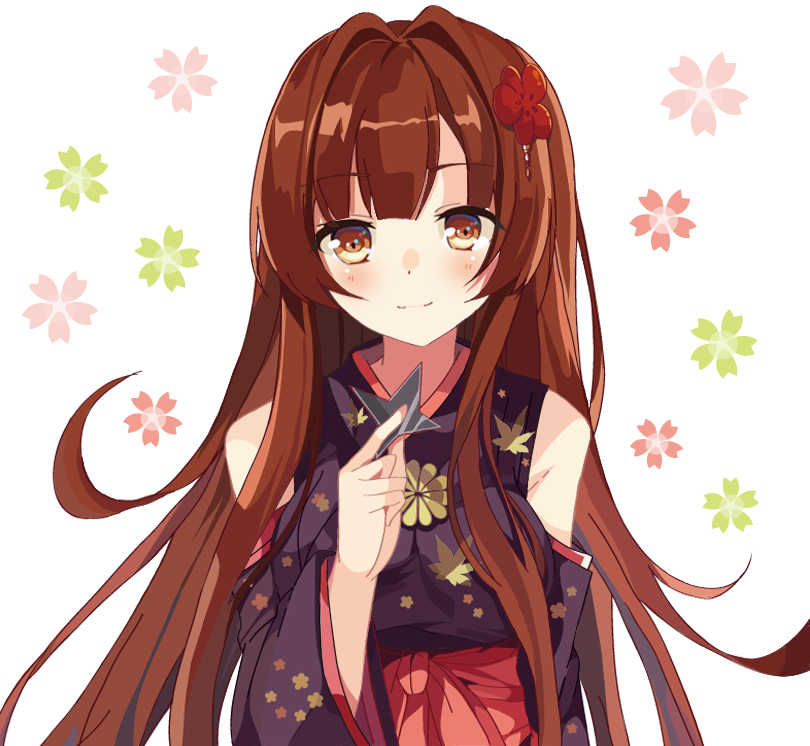 1girl, brown_eyes, brown_hair, flower, hair_flower, hair_ornament, japanese_clothes, leaf_print