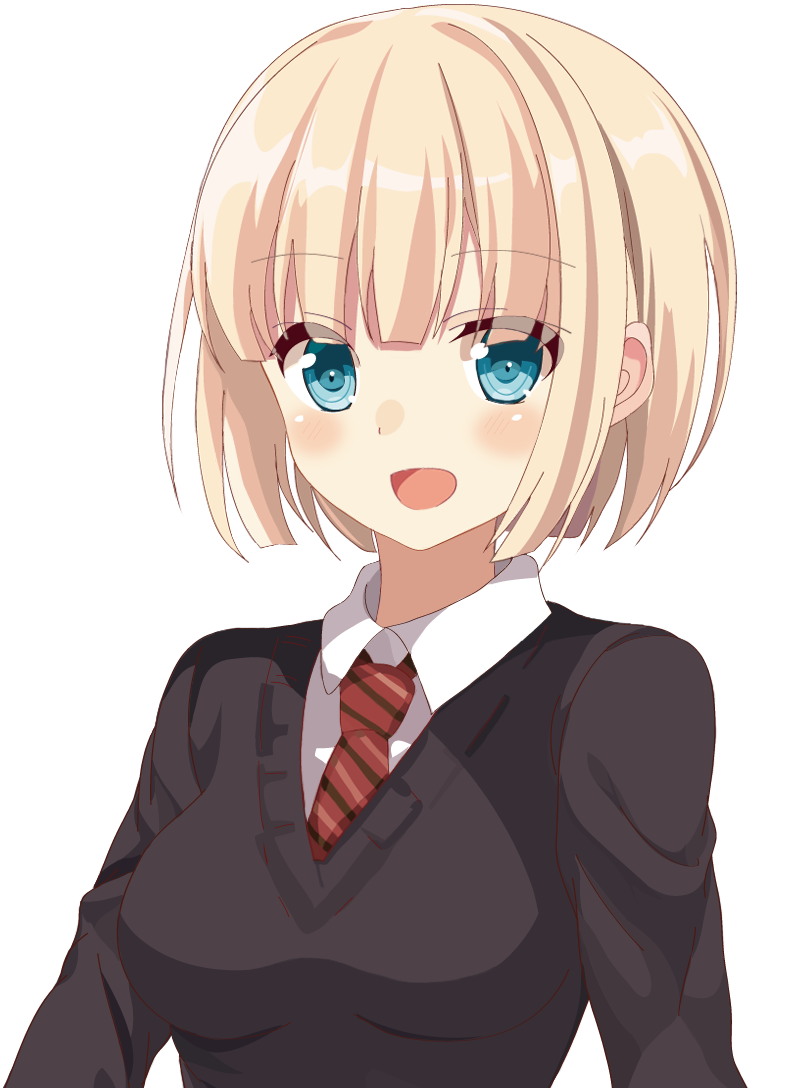 1girl, :d, aqua_eyes, blonde_hair, looking_at_viewer, necktie, open_mouth, original
