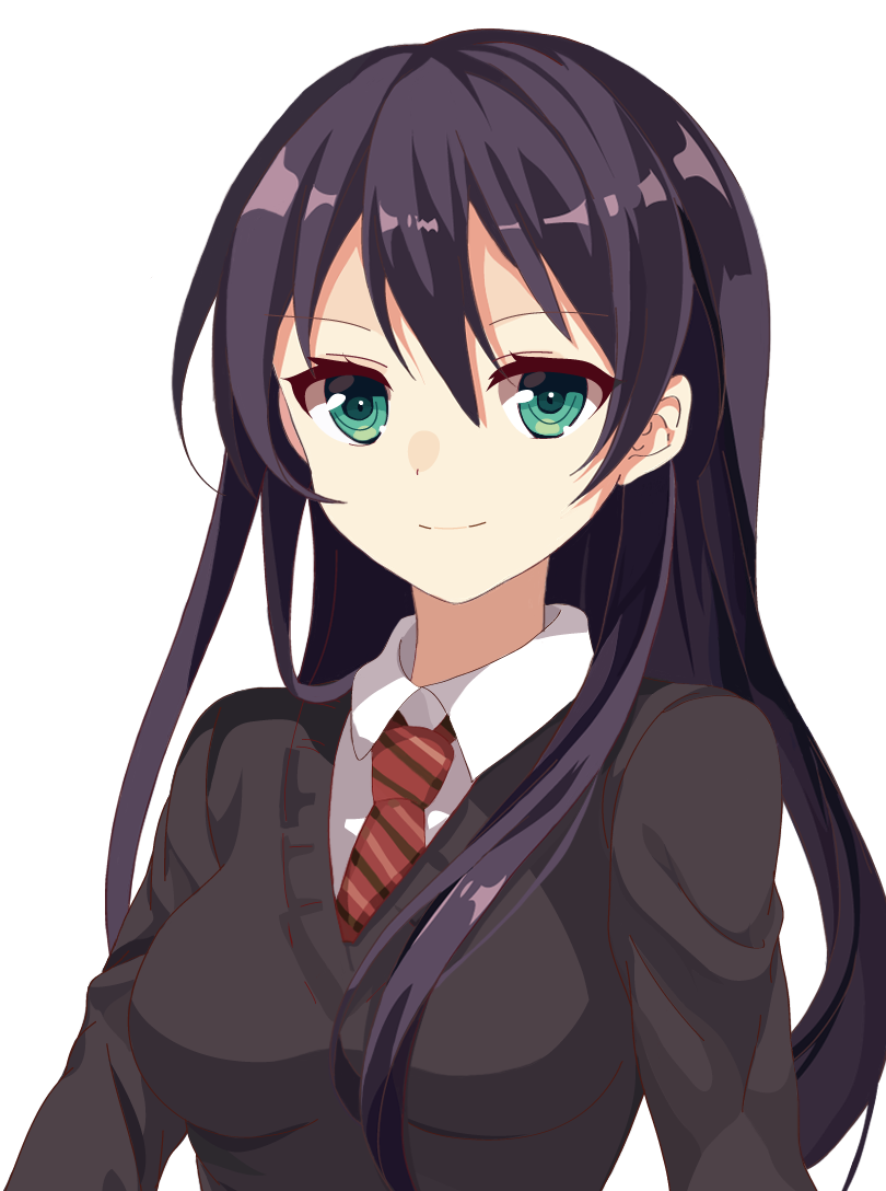 1girl, black_hair, green_eyes, hair_over_shoulder, long_hair, looking_at_viewer, necktie, original, red_necktie, satsuki_yuni, school_uniform, smile, solo, striped, striped_necktie, upper_body