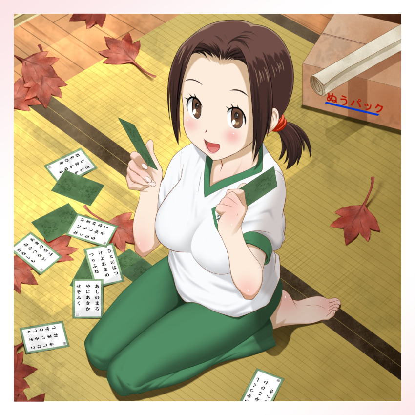 1girl, autumn_leaves, barefoot, blush, box, brown_eyes, brown_hair, card