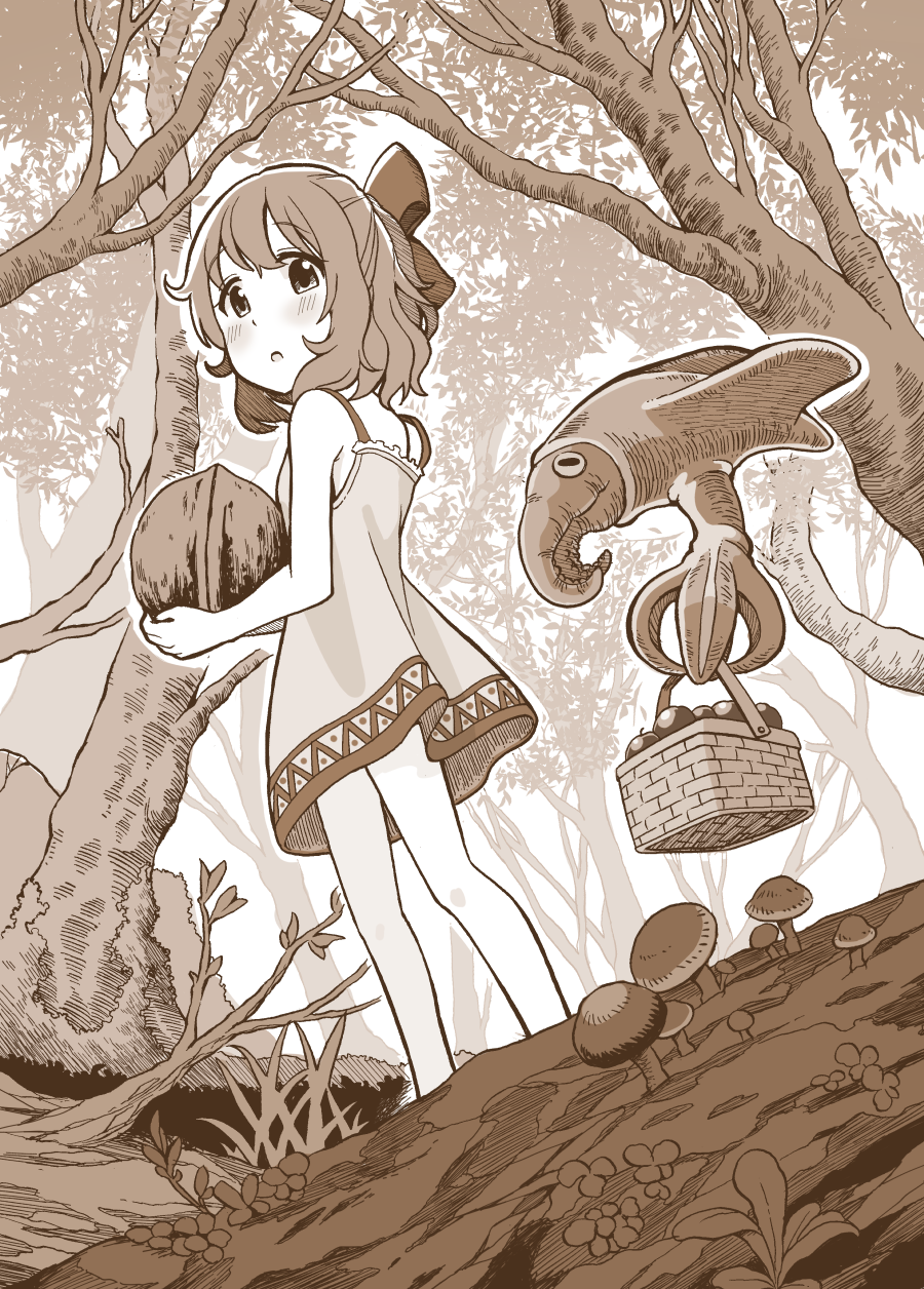 1girl, animal, apple, bangs, bare_legs, bare_tree, basket, blush