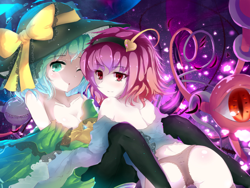 2girls, ass, back, bare_shoulders, black_legwear, blizzomos, blush, breasts