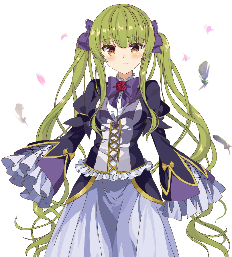 1girl, bow, brown_eyes, dress, feathers, flower, frilled_sleeves, frills