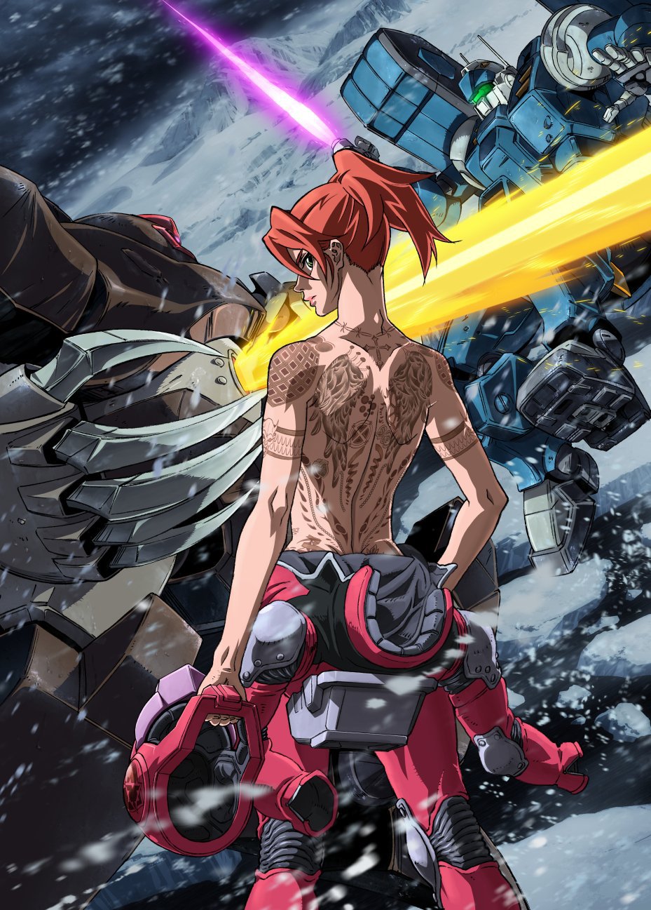 1girl, arm_tattoo, back, back_tattoo, bare_shoulders, blue_eyes, character_request, closed_mouth