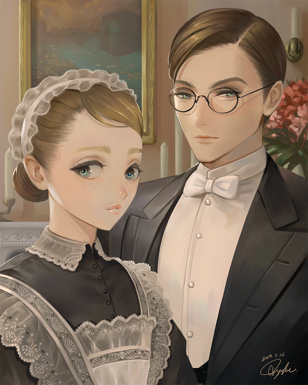 1boy, 1girl, apron, blue_eyes, bow, bowtie, brown_hair, butler, candle, candlestand, commentary_request, dated, fireplace, flower, freckles, glasses, green_eyes, hair_bun, hair_slicked_back, half-closed_eyes, high_collar, highres, indoors, jacket, lace-trimmed_apron, light_brown_hair, lips, looking_at_viewer, maid, maid_apron, maid_headdress, original, painting_(object), signature, tajima_yukie, upper_body, vase, white_bow, white_bowtie
