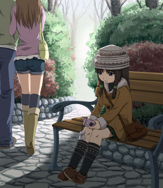 bag, beanie, beidan, bench, blue_eyes, boots, brown_hair, cellphone