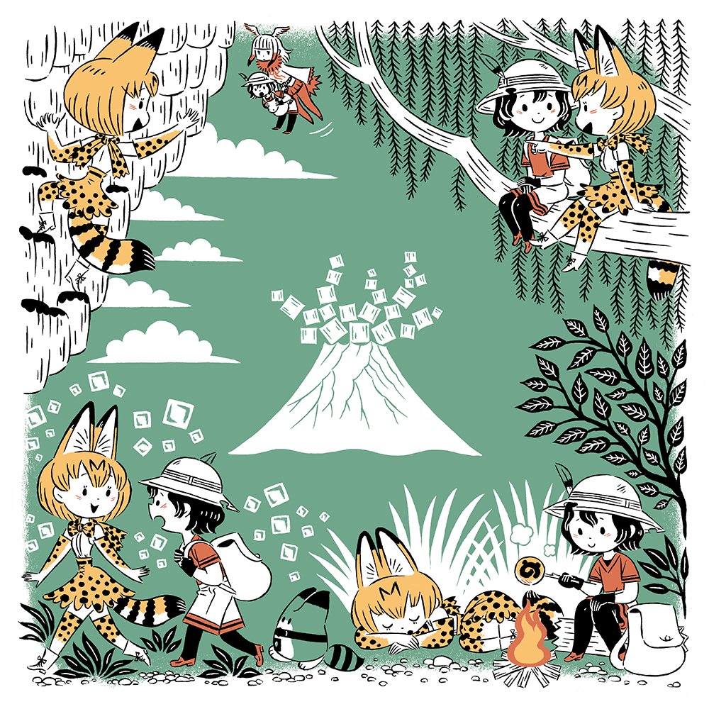 3girls, :d, :o, :|, animal_ears, ankle_boots, arms_at_sides, backpack, bag, bangs, bare_shoulders, belt, bird_tail, bird_wings, black_gloves, black_hair, black_legwear, blunt_bangs, blush, bonfire, boots, bow, bowtie, branch, bucket_hat, bush, buttons, climbing, closed_eyes, closed_mouth, clouds, collar, crested_ibis_(kemono_friends), cross-laced_clothes, dot_nose, drawstring, elbow_gloves, expressionless, eyebrows_visible_through_hair, fire, flying, food, from_side, full_body, fur_collar, gloves, ground, hand_on_own_knee, hand_up, hat, hat_feather, head_wings, holding_branch, in_tree, japari_bun, japari_symbol, jitome, kaban, kemono_friends, legs_together, loafers, log, long_sleeves, looking_at_another, looking_back, looking_to_the_side, lucky_beast_(kemono_friends), lying, motion_lines, mountain, multiple_girls, on_side, open_mouth, orange_hair, outdoors, pantyhose, pantyhose_under_shorts, plant, pointing, profile, red_legwear, red_shirt, red_shoes, red_skirt, redhead, ribbon, roasting, sandstar, serval_(kemono_friends), serval_ears, serval_print, serval_tail, shirt, shoe_ribbon, shoes, short_hair, short_sleeves, shorts, sitting, sitting_in_tree, skirt, sleeping, sleeveless, sleeveless_shirt, sleeves_past_wrists, smile, striped_tail, t_t, tail, tajima_naoto, thigh-highs, tree, vulcan, walking, waving, white_boots, white_footwear, white_hair, white_hat, white_ribbon, white_shirt, white_shorts, white_skin, white_sleeves, wide_sleeves, wings, zettai_ryouiki