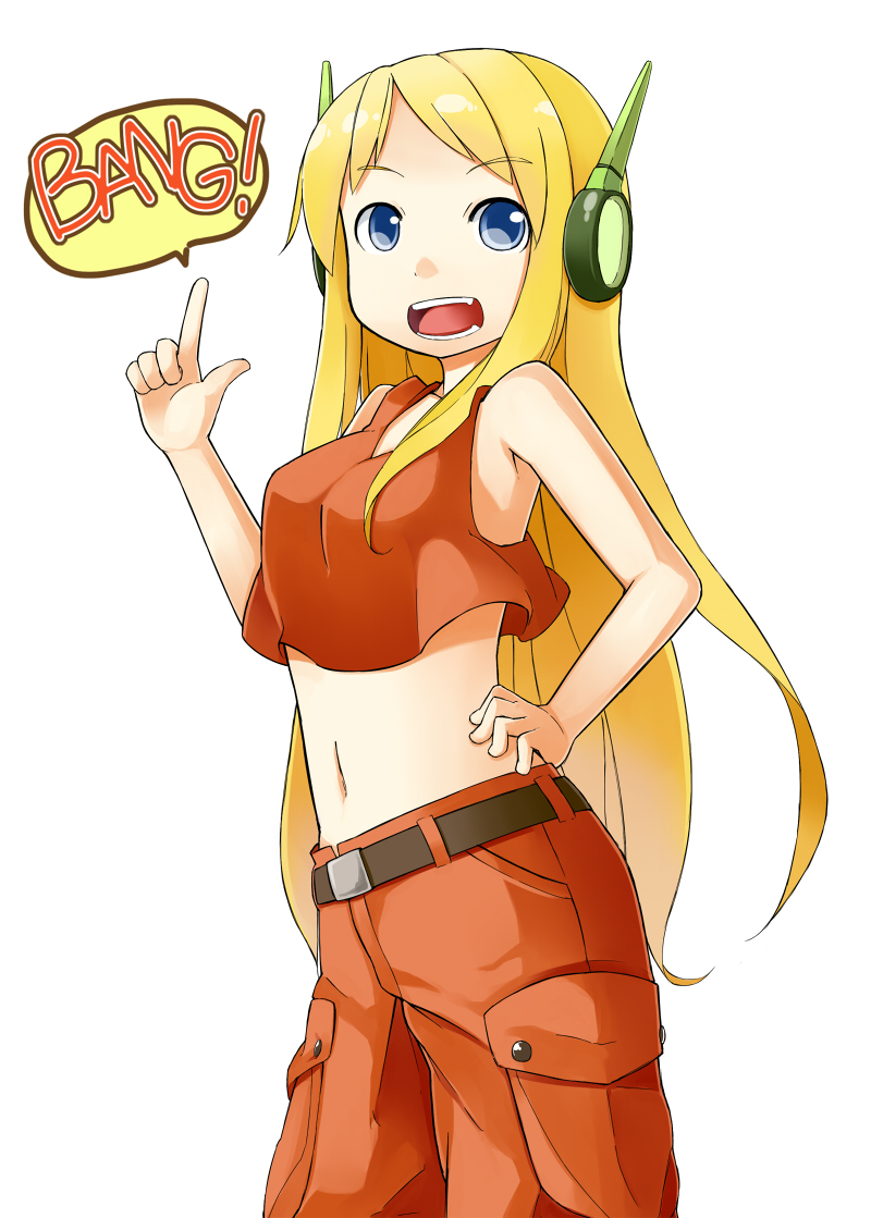 1girl, blonde_hair, blue_eyes, breasts, crop_top, curly_brace, doukutsu_monogatari, finger_gun