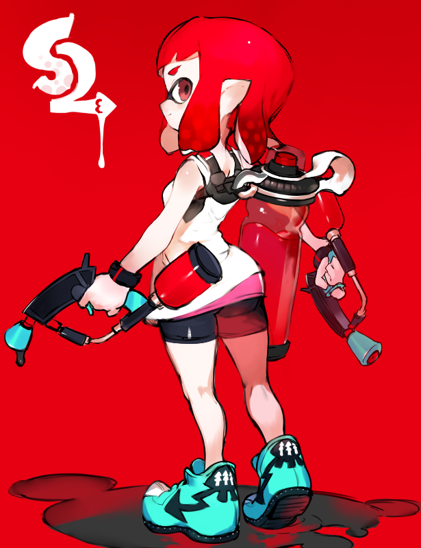 1girl, back, bangs, bike_shorts, blunt_bangs, breasts, domino_mask, dual_wielding, from_behind, full_body, ink_tank_(splatoon), inkling, layered_clothing, looking_at_viewer, looking_back, mask, pointy_ears, red_background, red_eyes, shoes, simple_background, small, sneakers, solo, splat_dualies_(splatoon), splatoon, splatoon_2, tank_top, toridamono