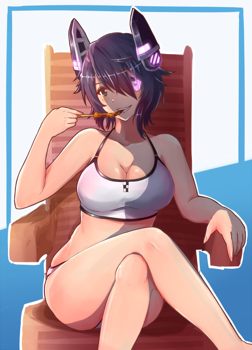1girl, armrest, bikini, breasts, brown_eyes, chair, cleavage, eating, edwin_(cyberdark_impacts), eyepatch, food, glowing, hair_over_one_eye, headgear, highres, kantai_collection, large_breasts, legs_crossed, looking_at_viewer, machinery, parted_lips, purple_hair, revision, short_hair, sitting, smile, solo, swimsuit, teeth, tenryuu_(kantai_collection), white_bikini