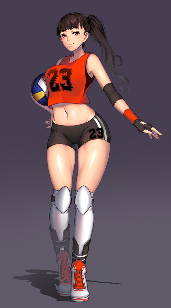 1girl, bangs, black_hair, clothes_writing, elbow_pads, fingerless_gloves, full_body, gloves