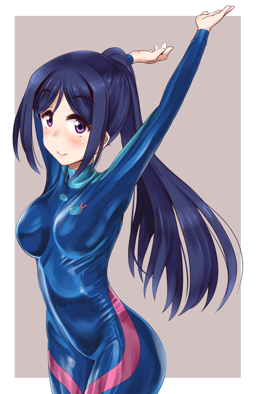 1girl, arms_up, blue_bodysuit, blue_hair, bodysuit, cowboy_shot, highres, long_hair, looking_at_viewer, love_live!, love_live!_school_idol_project, matsuura_kanan, ponytail, shiny, shiny_clothes, solo, standing, takaoka_nanase, violet_eyes, wetsuit