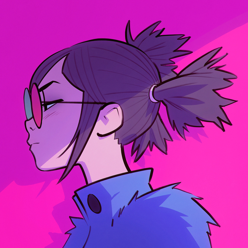 1girl, glasses, gorillaz, ilya_kuvshinov, noodle_(gorillaz), portrait, profile, purple_hair
