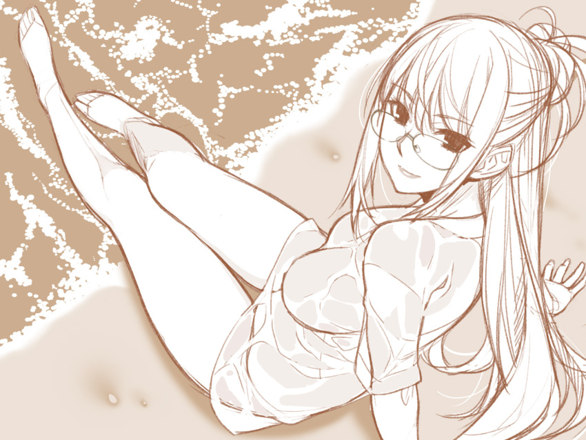 1girl, arms_behind_back, barefoot, beach, full_body, glasses, highres, ino