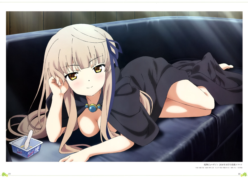 1girl, absurdres, barefoot, black_cape, black_ribbon, breasts, cape, cleavage