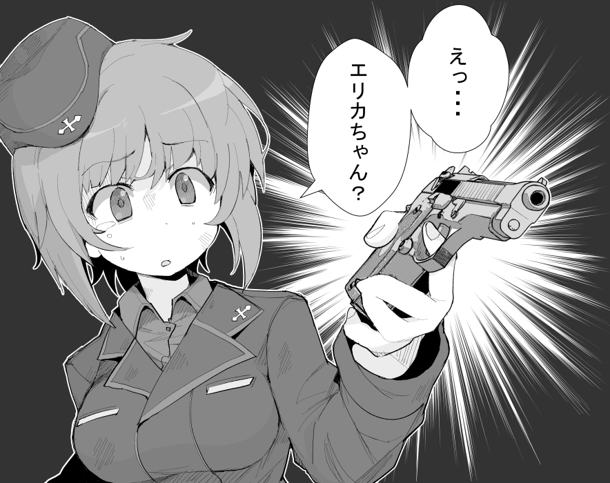 1girl, commentary, dress_shirt, garrison_cap, girls_und_panzer, greyscale, gun, handgun